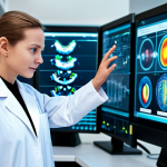 A focused professional scientist, fully clothed in a modest lab coat, standing in a cutting-edge biotechnology laboratory. The scientist is interacting with a holographic interface displaying complex DNA structures and molecular models, representing AI-driven drug discovery and personalized medicine. The lab features sleek, futuristic equipment and soft, natural lighting. Perfect anatomy, correct proportions, natural pose, well-formed hands, proper finger count, natural body proportions, professional photography, high quality, safe for work, appropriate content, family-friendly, professional dress.
