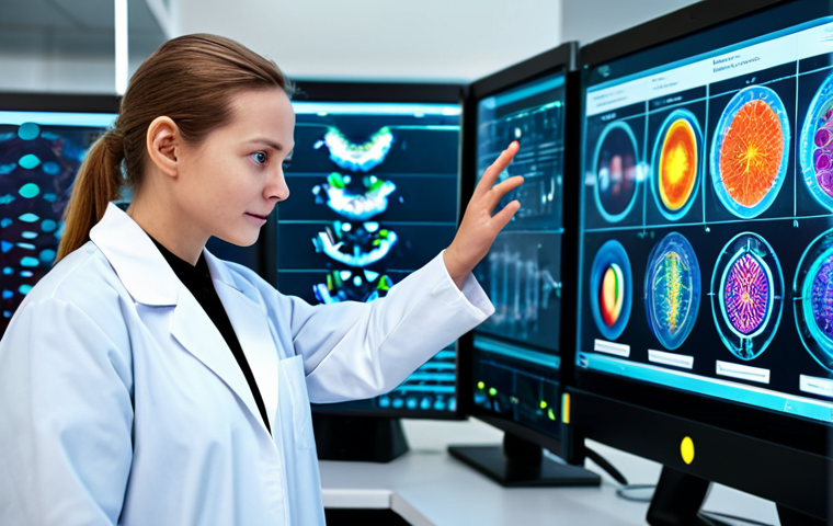 A focused professional scientist, fully clothed in a modest lab coat, standing in a cutting-edge biotechnology laboratory. The scientist is interacting with a holographic interface displaying complex DNA structures and molecular models, representing AI-driven drug discovery and personalized medicine. The lab features sleek, futuristic equipment and soft, natural lighting. Perfect anatomy, correct proportions, natural pose, well-formed hands, proper finger count, natural body proportions, professional photography, high quality, safe for work, appropriate content, family-friendly, professional dress.