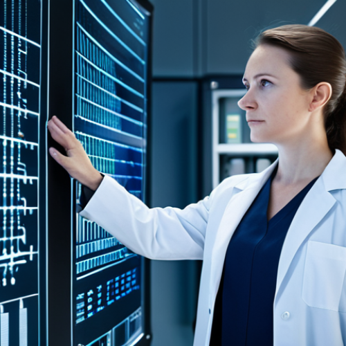 A professional female biotechnologist in a modest lab coat, standing in a futuristic, clean laboratory. She is observing a holographic projection displaying complex genomic data and innovative molecular structures, representing gene editing advancements. Sleek, AI-powered diagnostic equipment is visible in the background, symbolizing precision medicine. The scene is bright and highlights cutting-edge scientific research. Fully clothed, modest clothing, appropriate attire, professional dress, perfect anatomy, correct proportions, natural pose, well-formed hands, proper finger count, natural body proportions, safe for work, appropriate content, professional, family-friendly, high-resolution, sharp focus.