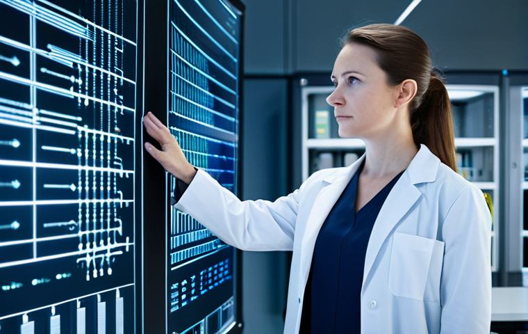 A professional female biotechnologist in a modest lab coat, standing in a futuristic, clean laboratory. She is observing a holographic projection displaying complex genomic data and innovative molecular structures, representing gene editing advancements. Sleek, AI-powered diagnostic equipment is visible in the background, symbolizing precision medicine. The scene is bright and highlights cutting-edge scientific research. Fully clothed, modest clothing, appropriate attire, professional dress, perfect anatomy, correct proportions, natural pose, well-formed hands, proper finger count, natural body proportions, safe for work, appropriate content, professional, family-friendly, high-resolution, sharp focus.