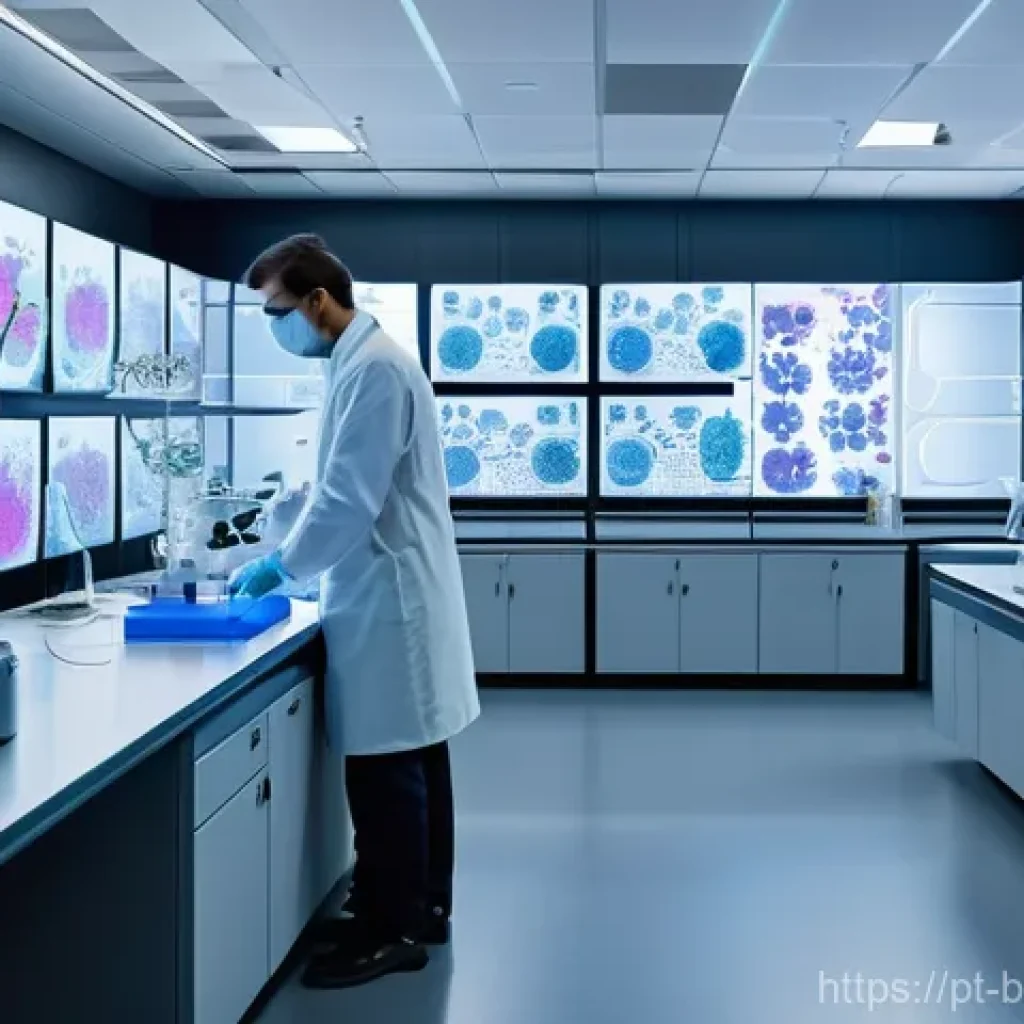 세포 배양 기술 발전 - **Prompt 1: Advanced 3D Cell Culture and AI Diagnostics**
"A clean, brightly lit, high-tech labo...