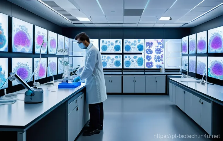 세포 배양 기술 발전 - **Prompt 1: Advanced 3D Cell Culture and AI Diagnostics**
"A clean, brightly lit, high-tech labo...