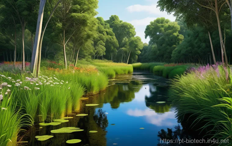환경 친화적 바이오 기술 - **Bioremediation: Nature's Renewal**
"A vibrant, wide-angle illustration showcasing a natural la...