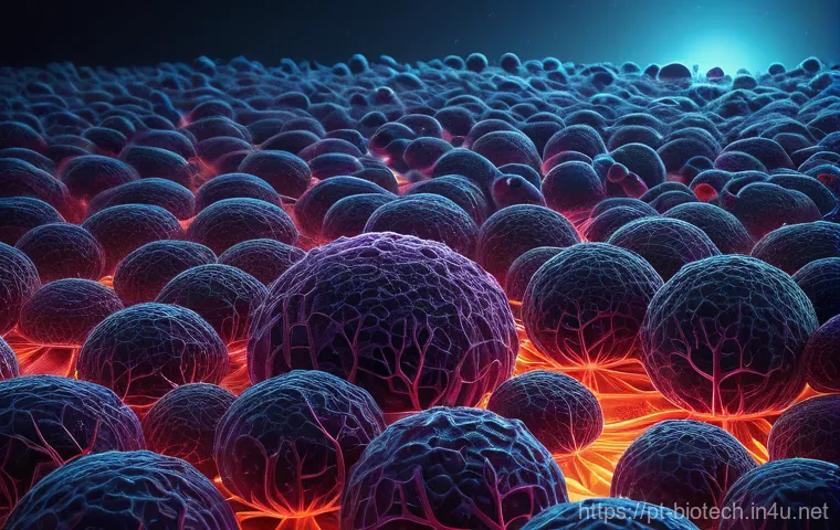 세포면역치료 - **Prompt:** "Microscopic view of advanced CAR-T cells, glowing with a soft, internal light, actively...