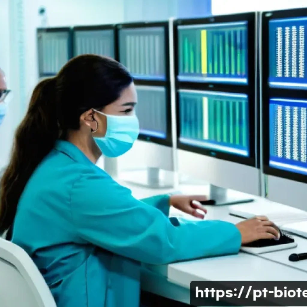 분자 진단 - A modern clinical laboratory scene in Brazil, showing a diverse group of healthcare professionals we...