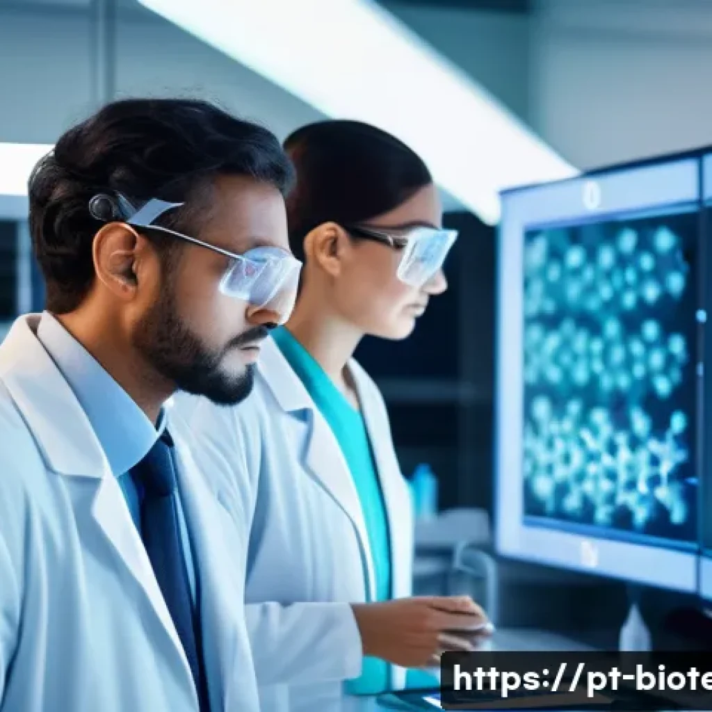 단백질 치료제 - A futuristic biotechnology laboratory scene in Brazil, showcasing scientists working with advanced p...
