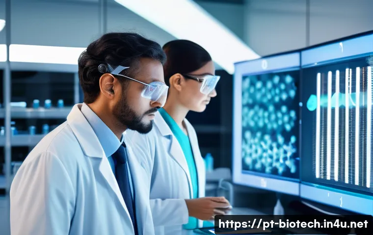 단백질 치료제 - A futuristic biotechnology laboratory scene in Brazil, showcasing scientists working with advanced p...