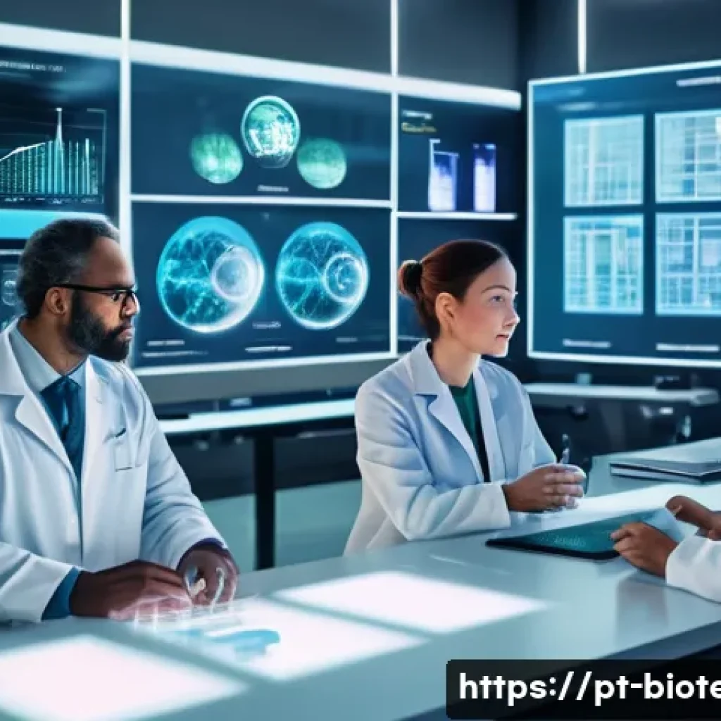 유전자 교정 기술 - A futuristic medical laboratory scene showing a diverse group of scientists and doctors working on p...