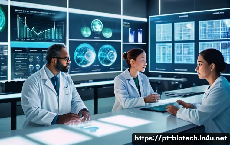 유전자 교정 기술 - A futuristic medical laboratory scene showing a diverse group of scientists and doctors working on p...