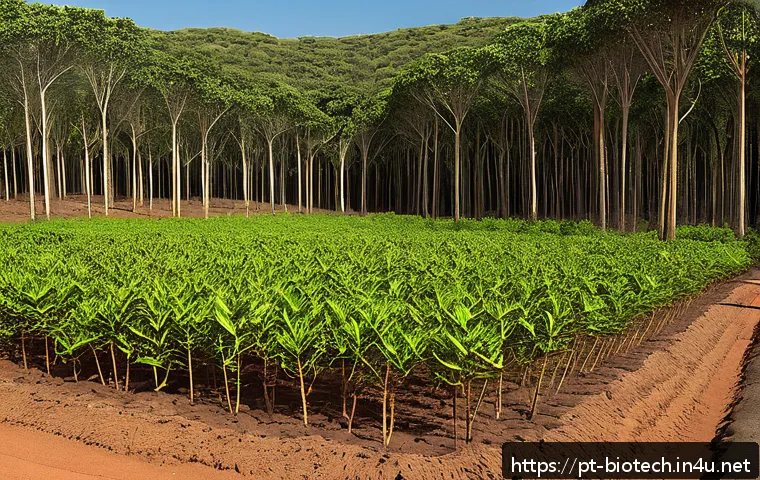 바이오와 환경 - A vibrant reforestation scene in the Brazilian Cerrado biome showing genetically improved saplings t...