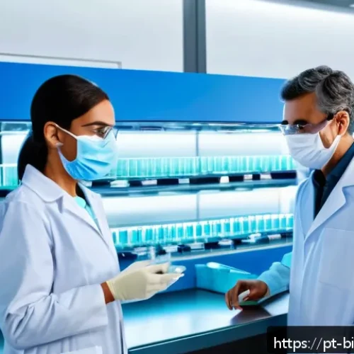Home 33 백신 개발 동향 - A futuristic laboratory setting showcasing scientists developing mRNA vaccines with advanced biotech...