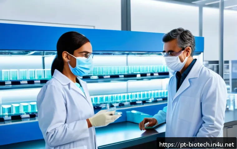 백신 개발 동향 - A futuristic laboratory setting showcasing scientists developing mRNA vaccines with advanced biotech...