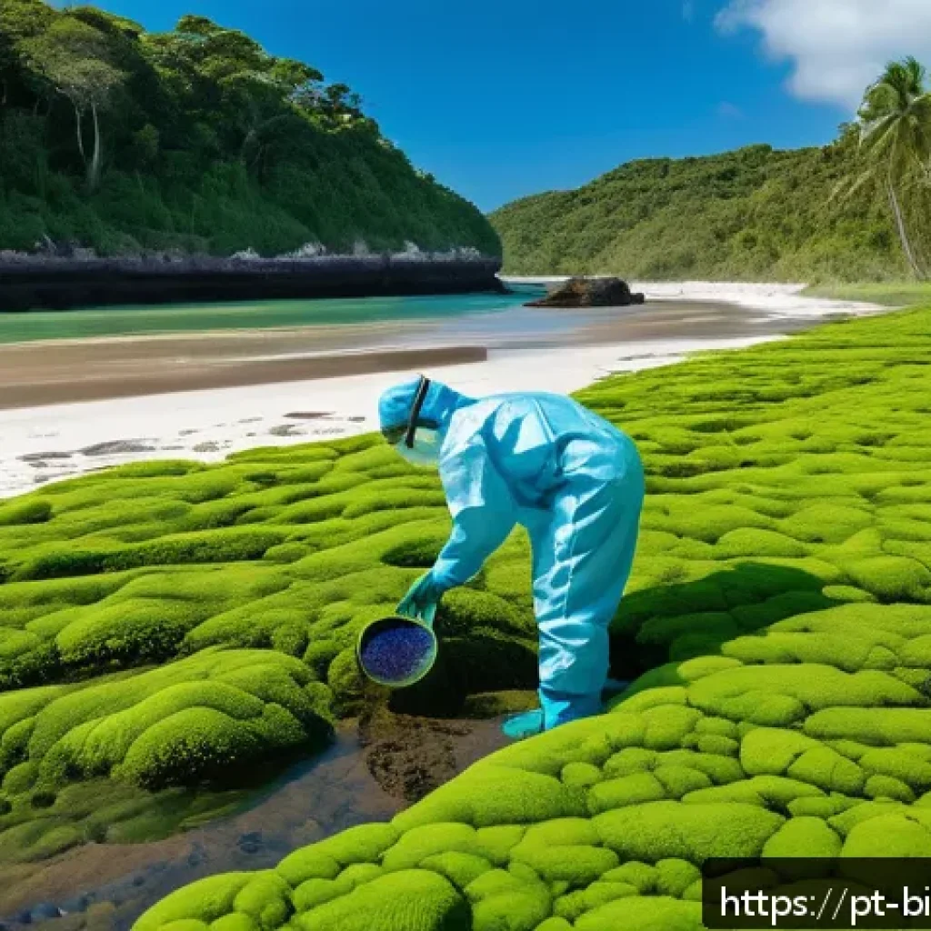 환경 바이오테크 응용 - A detailed scene of a tropical coastal area in Brazil where specialized bacteria and fungi are activ...