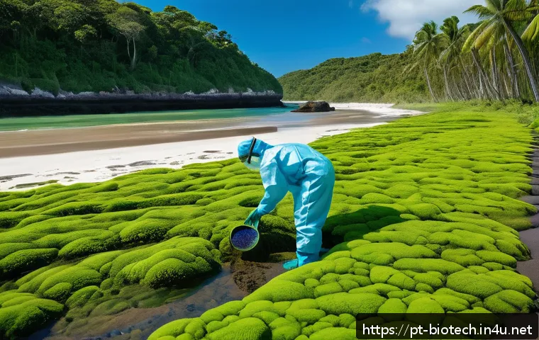 환경 바이오테크 응용 - A detailed scene of a tropical coastal area in Brazil where specialized bacteria and fungi are activ...