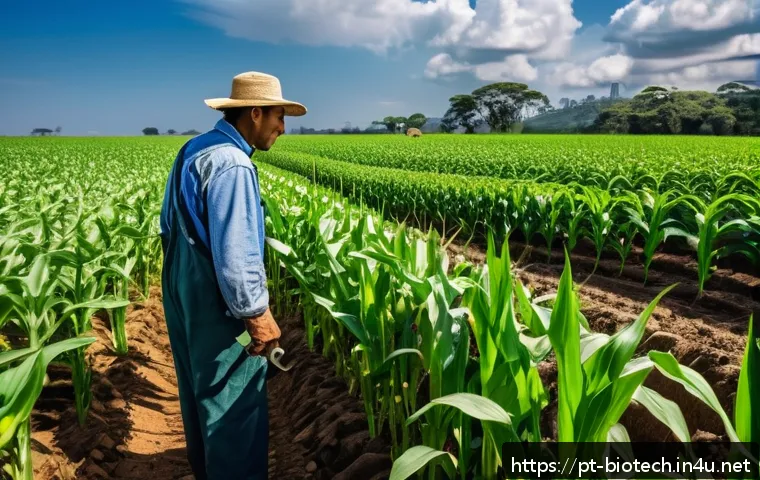 유전자 변형 농작물 - A Brazilian farmer in a lush São Paulo agricultural field, wearing practical farming clothes and stu...