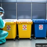 Home 18 바이오해저드 관리 - A detailed hospital waste management scene showing healthcare workers in full personal protective eq...
