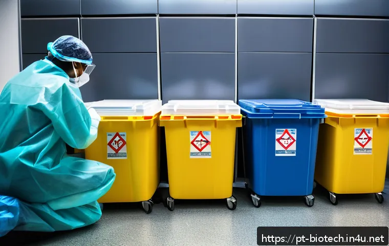 바이오해저드 관리 - A detailed hospital waste management scene showing healthcare workers in full personal protective eq...