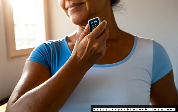 Home 17 바이오 센서 응용 - Photorealistic close-up of a wearable biosensor health application, a middle-aged Brazilian woman in...